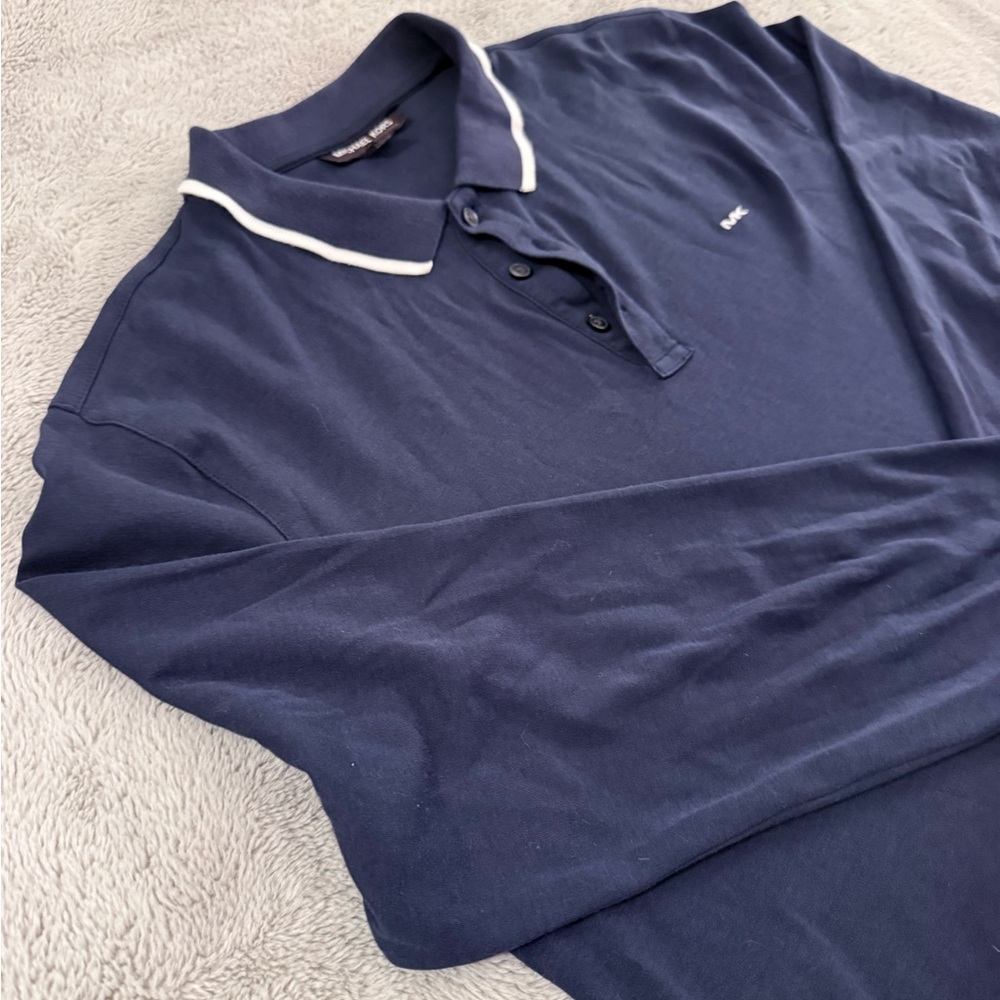 Michael Kors Men’s Navy Long Sleeve Polo Shirt – Classic MK Logo Cotton Top - Picture 2 of 7